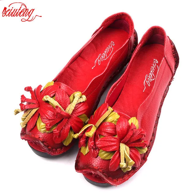 Xiuteng New National Wind Flowers Handmade Genuine Leather Shoes Women Retro Soft Bottom Flat Shoes Summer Canvas Ballet Flats