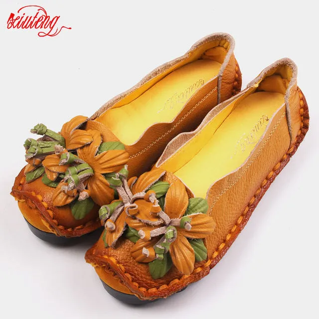 Xiuteng New National Wind Flowers Handmade Genuine Leather Shoes Women Retro Soft Bottom Flat Shoes Summer Canvas Ballet Flats